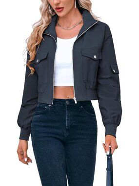 Women's Navy Cropped Bomber Jacket Lightweight Zip Up Short Coats Long Sleeve